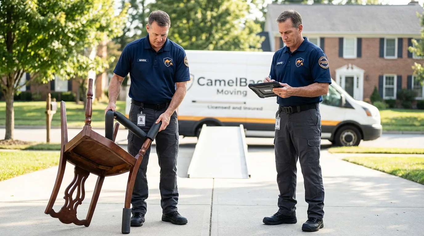 Movers inspecting furniture for damage prevention before loading in Forest City, PA